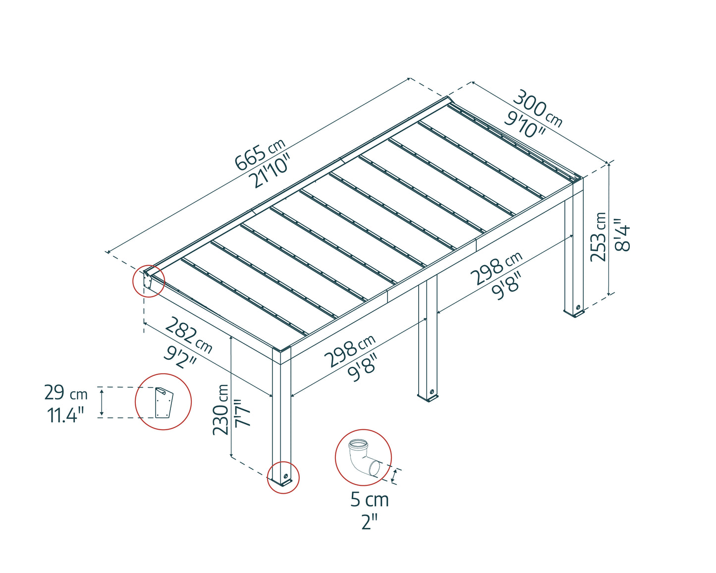 Helsinki Patio Cover 9'10" x 21'10" Cedar wood - Dimensions