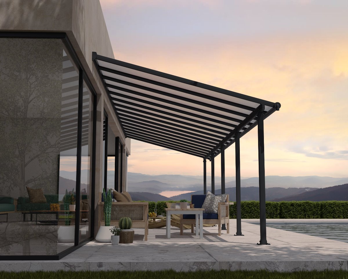 Olympia™ Patio Cover ~10 ft. x 30 ft. Grey Frame Clear Panels | Palram-Canopia - Awnings-Canada