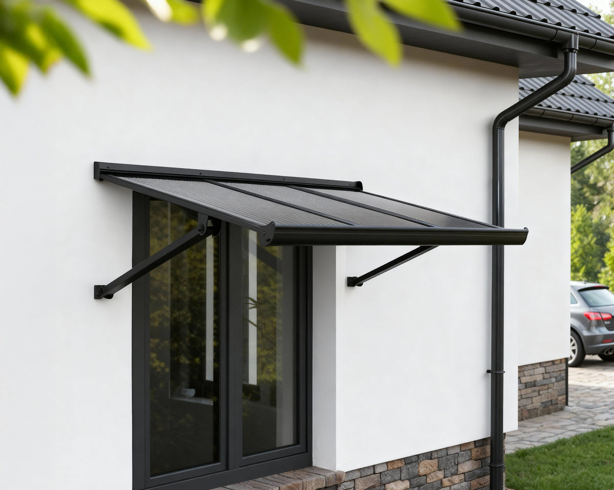 Augustine Door Awning 35 x 43 Black Frame Grey Panels | Palram-Canopia