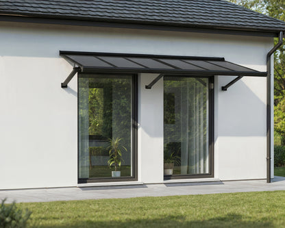 Augustine Door Awning 35" x 87" Black Frame Grey Panels | Palram-Canopia