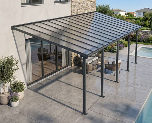 Olympia Patio Cover 10 x 28 Grey Frame Clear Panels | Palram-Canopia