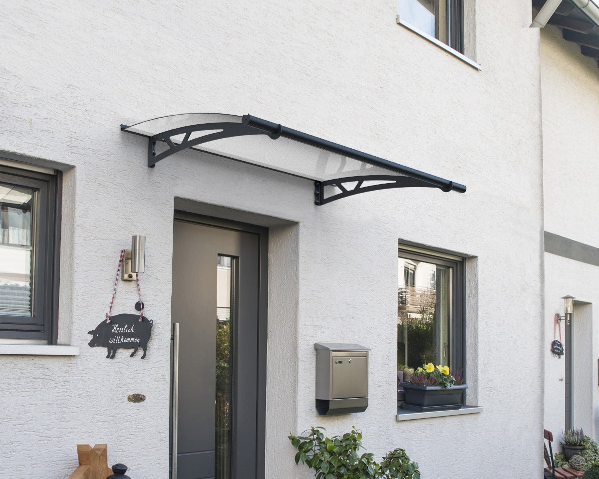 Altair™ 1500 Door Awning 36" x 59" Clear Panels Dark Grey Frame  | Palram-Canopia - Awnings-Canada